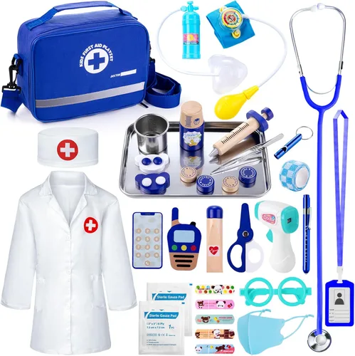EFO SHM Kit médico para niños, 35 piezas de kit médico para niños pequeños de 3 a 5 años con bolsa de almacenamiento médico y estetoscopio real,