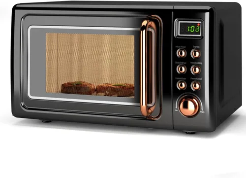 Horno microondas retro para encimera, SIMOE 0.7 pies cúbicos, microondas pequeño con descongelación, 5 niveles de potencia, 8 configuraciones de