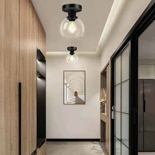 Miniatura 8 de Glass Semi Flush Mount Ceiling Light, Industrial Porch Light Fixtures, Matte Black Base with 6“ Clear Glass Shade, Bright Close to Ceiling Light for
