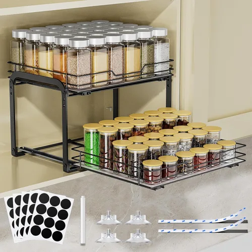 Organizador de especias para gabinete, estante de especias vertical extraíble de 2 niveles, organización de especias de metal resistente para