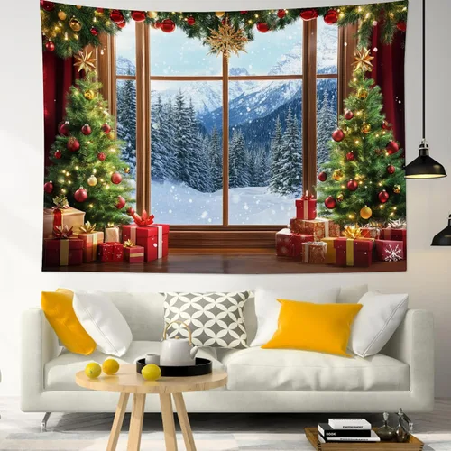 Miniatura 3 de LB Tapiz de Navidad de invierno, ventana de invierno exterior, pino nevado en bosque, tapiz de pared para dormitorio, paisaje de montaña, arte