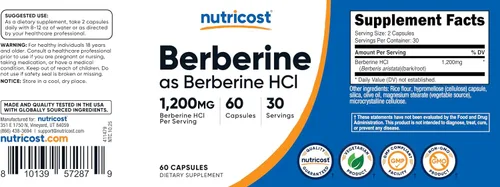 Miniatura 7 de Nutricost Berberina HCl 1200 mg, 60 cápsulas vegetarianas, sin gluten y sin OMG
