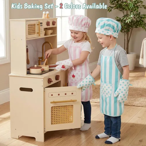Miniatura 7 de Juego de delantal y gorro de chef para niños, 3 piezas, kits de cocina y horneado para niños, juguete de juego de roles para niños, regalo de cocina