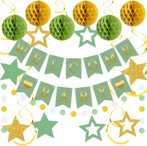 Miniatura 7 de WinnerWhy 25 piezas de decoración de baby shower para niño, pancarta azul de bienvenida para bebé con estrellas con purpurina, remolinos colgantes