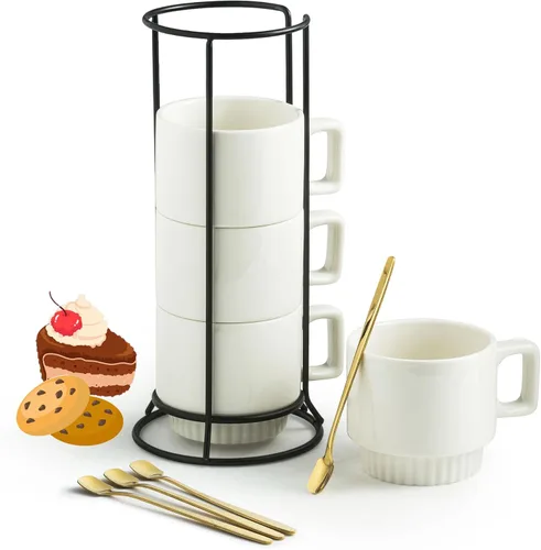 Miamolo Juego de 4 tazas de café apilables con cucharas de soporte, taza de café de cerámica de 11 onzas para bebidas de té con leche capuchino, día