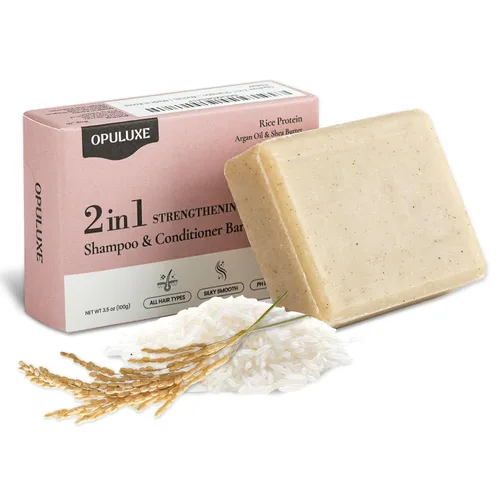 Barra de champú y acondicionador 2 en 1 de proteína de arroz, fortalecedora e hidratante, cuidado del cuero cabelludo con aceite de argán y manteca