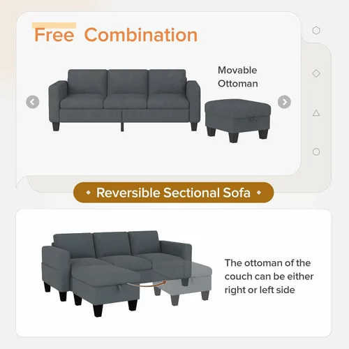 Miniatura 8 de ZeeFu Sofá modular convertible, sofá clásico en forma de L de 3 asientos con otomana móvil, moderno sofá seccional tapizado de tela de terciopelo