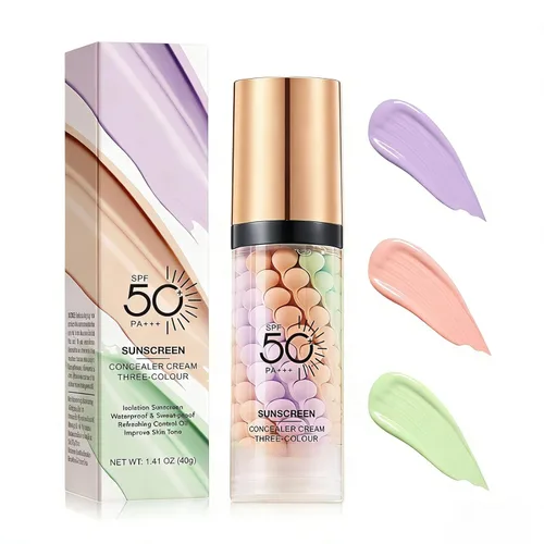 3 En 1 Primer para Rostro Antes del Maquillaje, SPF 50 PA++, Crema Aislante Protector Solar, Corrector de Color en Un Paso, Suero Facial Difuminador