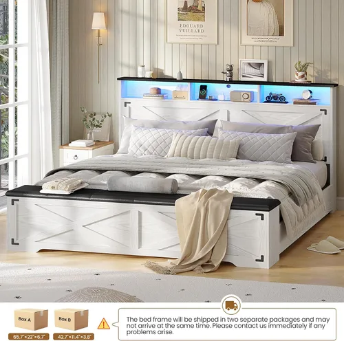 Miniatura 8 de Hasuit - Marco de cama tamaño queen con otomano de almacenamiento, marco de cama estilo granja con estación de carga y luz LED, cabecero con estante