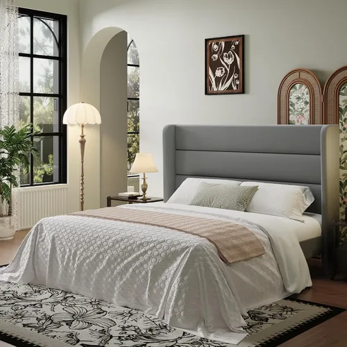 Miniatura 11 de SHA CERLIN - Base de cama tamaño Full con cabecera tapizada en terciopelo y diseño acanalado vertical; plataforma de cama tapizada con listones