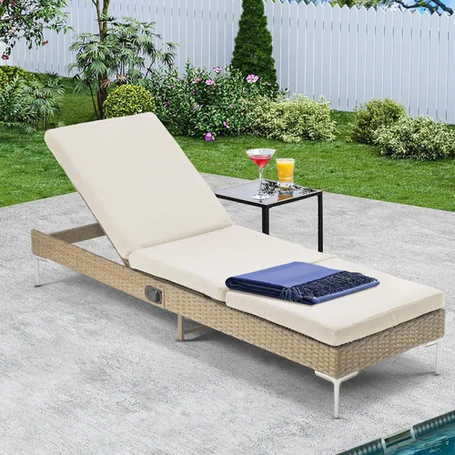 Miniatura 13 de Sillón de mimbre para exteriores, tumbona de piscina con respaldo reclinable infinito, muebles de patio, silla para tomar el sol con cojín