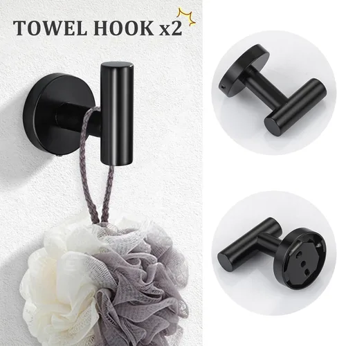 Miniatura 5 de TURS Juego de accesorios de baño negro mate 5 piezas, juego de barra de toalla de baño de acero inoxidable SUS304, kit de accesorios de baño de 24