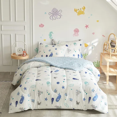 Joyreap Juego de edredón de algodón premium de 3 piezas para niños y niñas, tema oceánico vibrante con estampado de estrella de mar, ballena y