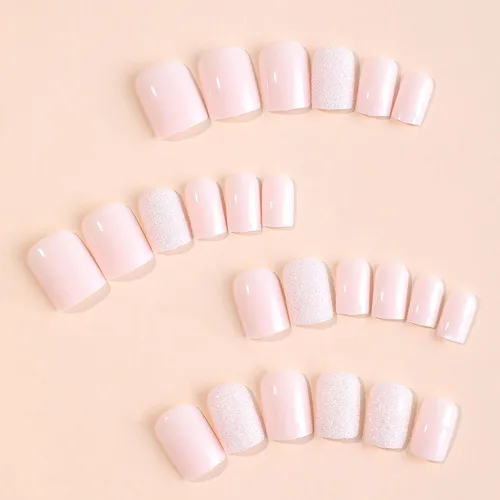 Miniatura 4 de Uñas postizas cuadradas cortas a presión, color rosa, de cobertura completa, uñas acrílicas brillantes con purpurina, lindas uñas postizas