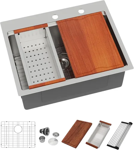Miniatura 16 de Dcolora 33x22 Fregadero de cocina de acero inoxidable de 16 calibres, estación de trabajo de caída, fregadero de cuenco único grande, montaje