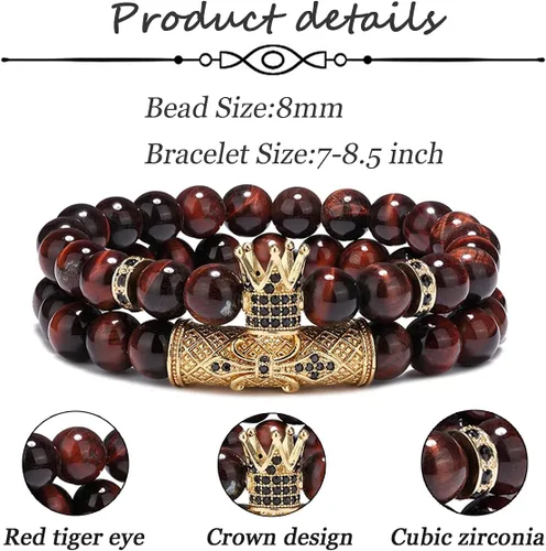 Miniatura 3 de Juego de 4 pulseras de 0.315 in con corona King para hombres y mujeres, ojo de tigre, negro mate, ónix mate, cuentas de piedra natural
