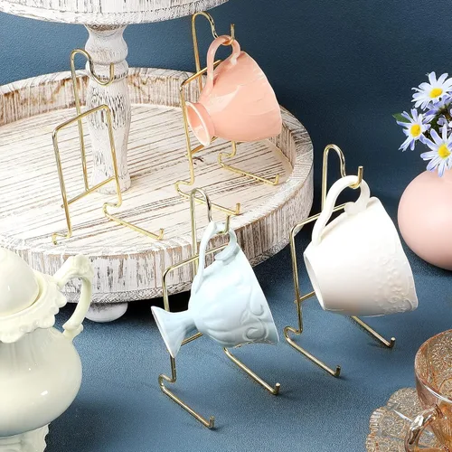 Miniatura 6 de Soporte de exhibición de tazas de té y platillo, 8 piezas, soporte de metal para platillos para tazas de té, café, organizador para platos de cocina