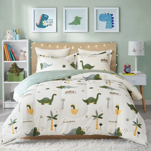 Joyreap Juego de edredón de algodón de dinosaurio para niños y niñas, tamaño matrimonial/queen, 3 piezas, diseño de dinosaurios verdes frescos sobre