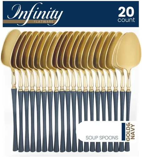 Blue Sky Infinity Flatware - Cucharas de sopa doradas y azul marino, 20 unidades, lujosos cubiertos de plástico desechables para fiestas y eventos
