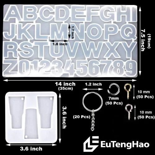 Miniatura 2 de EuTengHao Juego de 272 moldes de resina de silicona con letras y números, moldes de epoxi, llaveros de resina para joyería con llavero, anillos