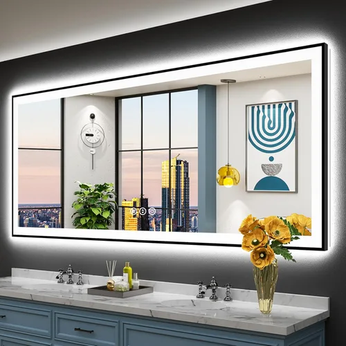 Miniatura 80 de 30x36 Espejo de baño LED con luces, retroiluminado y luz frontal, espejo de tocador iluminado antivaho para pared de baño, 3 colores, regulable