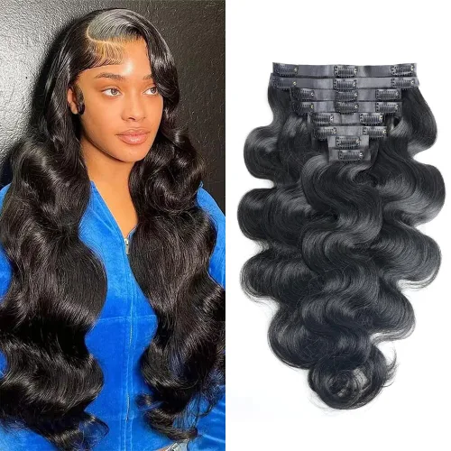 Miniatura 43 de Extensiones de cabello humano real con clip, 8 unidades, cabello humano Remy liso de seda suave natural, 4.23 oz, 20 pulgadas, negro natural #1B, 8