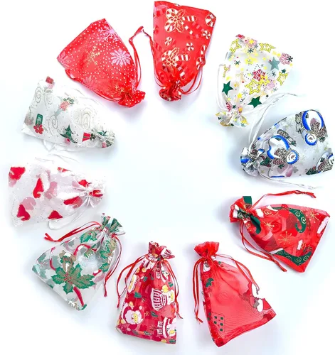 Miniatura 3 de 50 bolsas de organza de Navidad, 4 x 6 pulgadas, pequeñas bolsas de regalo de Navidad con cordón, bolsas de malla para regalo rojo (Red-christmas)