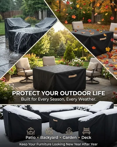 Miniatura 9 de Cubierta impermeable para muebles de exterior, juego de mesa y silla rectangular de 600D resistente de 64 pulgadas de ancho x 52 pulgadas de largo x