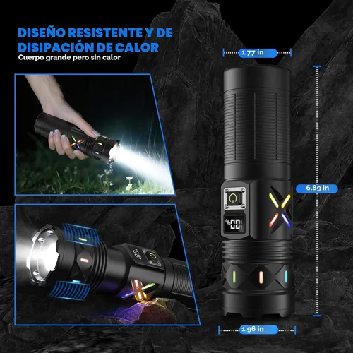 Miniatura 5 de Linternas de alta luminosidad de 100,000 lúmenes recargables, súper brillantes, LED de 50W, larga duración de 15 horas, entrada USB C y salida USB