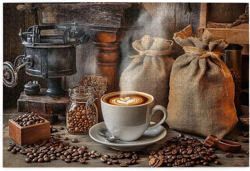 Una taza de café cálida, rompecabezas para adultos de 1000 piezas, rompecabezas de madera para adultos, rompecabezas de madera vintage con temática