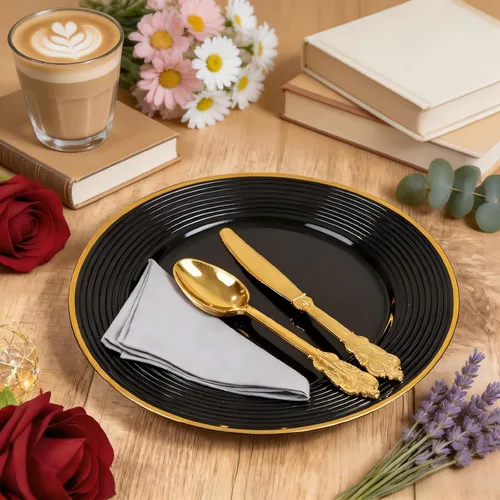 Miniatura 5 de Liacere 100 platos de plástico negro, platos desechables resistentes, platos negros y dorados, incluye platos para cena/postre para bodas, fiestas