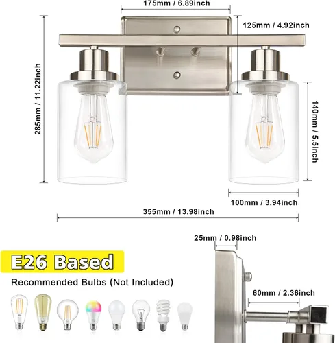 Miniatura 6 de Ascher Apliques de pared de 2 luces, moderna lámpara de tocador con pantalla de vidrio transparente, lámpara de pared de níquel cepillado para Tubo