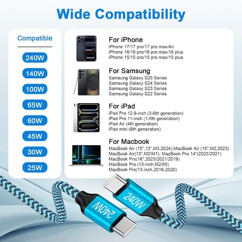 Miniatura 6 de Cable de carga rápida tipo C para iPhone 17, 240 W, USB C a USB C, cable de carga para iPhone 17 Pro Max 17 Pro Air 17, cable de alimentación