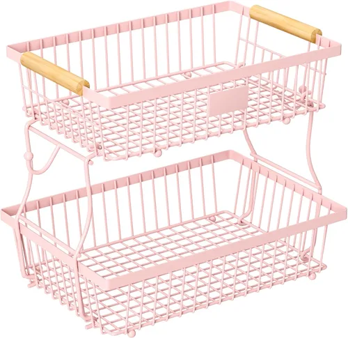Miniatura 10 de Cesta de frutas de 2 niveles para encimera de cocina con 2 ganchos para plátanos, cesta de pan de metal para encimera con mango de madera, soporte