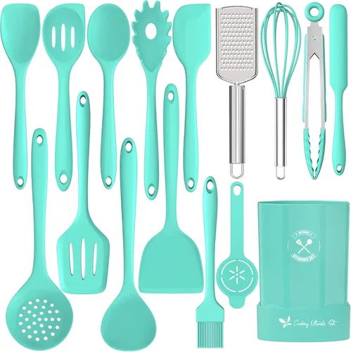 Miniatura 11 de Deedro - Juego de utensilios de cocina de silicona, 16 piezas de utensilios de cocina de silicona, resistentes al calor, con soporte, espátula