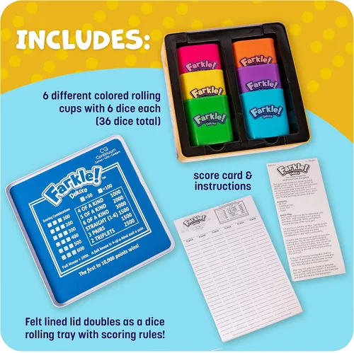 Miniatura 3 de El juego de dados Farkle Deluxe incluye 36 dados coloridos, 6 cubiletes, bandeja de lanzamiento y hojas de puntuación. El clásico juego de dados