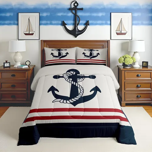 Miniatura 31 de Juego de edredón de brújula azul marino, tamaño individual, 2 piezas, diseño náutico de vela, estilo simple, para niños, adolescentes, adultos
