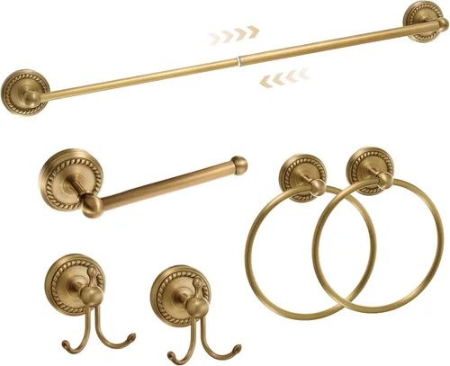 Miniatura 8 de Juego de 4 piezas de accesorios de baño de latón antiguo dorado, juego de toallero montado en la pared y anillo para toallas y soporte para papel