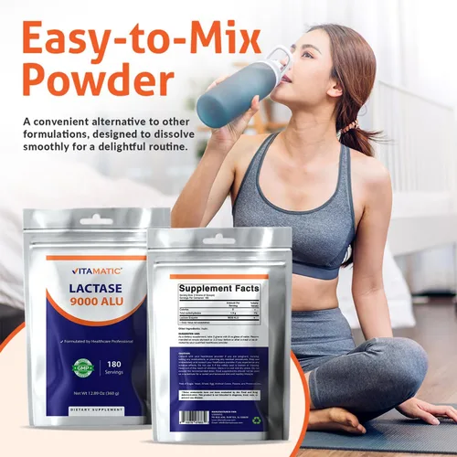 Miniatura 3 de Vitamatic Polvo de enzima lactasa – 9000 ALU por porción – 180 porciones – Apoya la digestión de lactosa, sin OMG, sin gluten