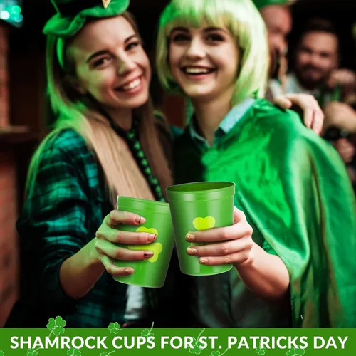 Miniatura 6 de Patelai 32 vasos de plástico para fiesta del día de San Patricio, 16 onzas, reutilizables, de trébol de la suerte, para fiestas del día de San Verde