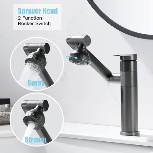 Miniatura 2 de Pistola de grifo de baño giratoria de 1080 grados, grifo de lavabo gris, 1 mango, rociador de ángulo grande, extensor de boquilla de aireador Gris