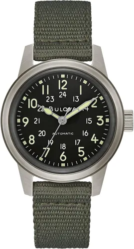 Bulova Militar Heritage Hack - Reloj de iniciativa de relojería para veteranos en acero inoxidable con 3 manecillas automático correa de cuero negro