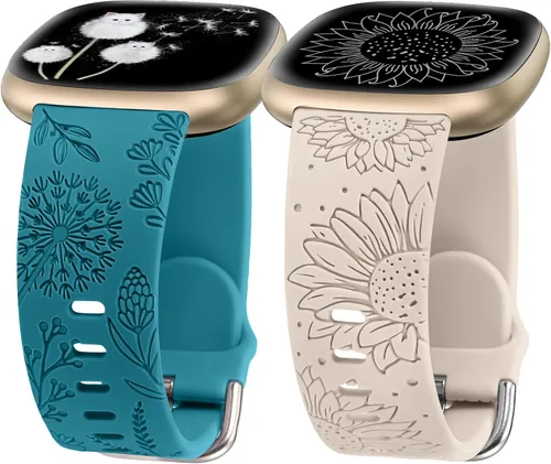 Miniatura 9 de Minyee Paquete de 2 correas grabadas florales compatibles con Fitbit Versa 4/Versa 3/Sense 2/Sense Band para mujer, lindo diseño de girasol