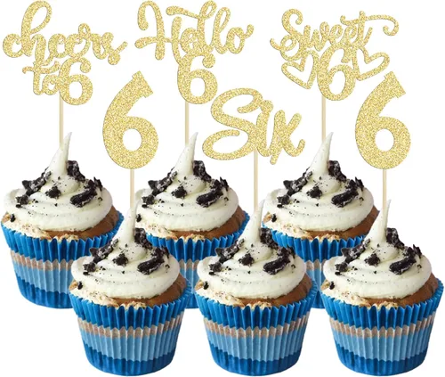 Miniatura 30 de 30 piezas Adornos para pastel de cumpleaños de 6 años, seis brillos, hola 6, púas para cupcakes, felicitaciones a los 6 años, decoraciones