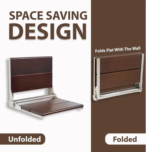 Miniatura 6 de Asiento de ducha plegable montado en la pared con respaldo Capacidad de carga máxima de 500 libras Asiento de ducha de teca compatible con ADA