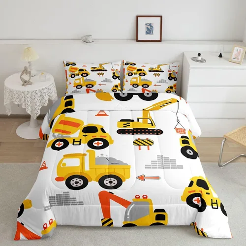 Feelyou Juego de edredón de coche de dibujos animados para niños, edredón de construcción para niños, juego de ropa de cama de camiones y equipos,