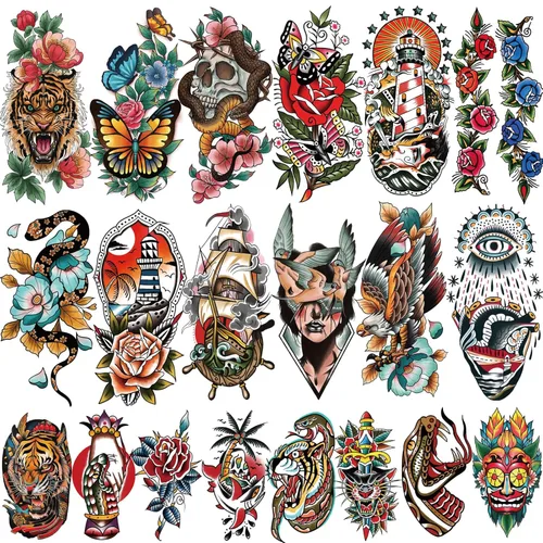 Miniatura 8 de 77 hojas de tatuajes temporales para automóvil, adultos, adolescentes, niños, realistas, tatuajes falsos de media manga, calcomanías de arte