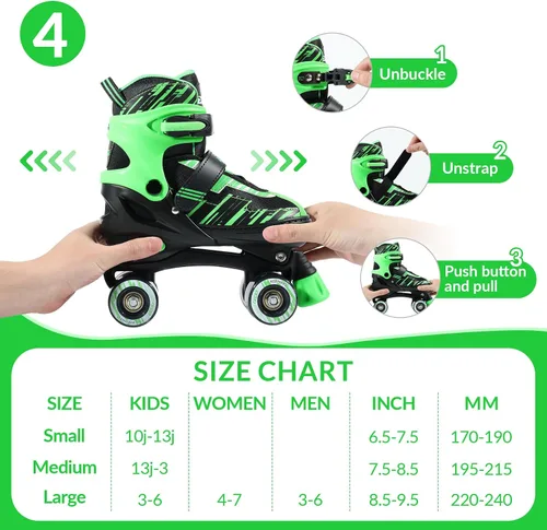 Miniatura 2 de Patines de ruedas para niñas y niños de 4 a 12 años, patines ajustables para niños pequeños de 4 tamaños, ruedas iluminadas para principiantes Verde