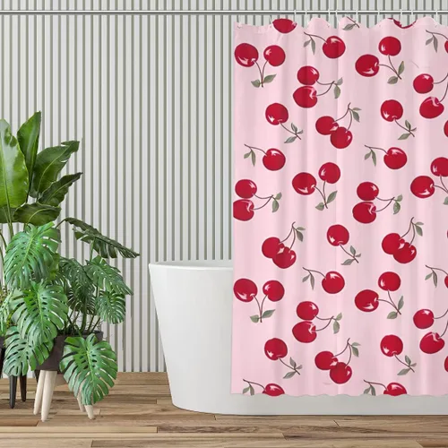 Miniatura 2 de KOMIKU Juego de cortina de ducha estética de frutas con diseño floral de cereza rosa, decoración de baño de frutas de verano, de poliéster, lona