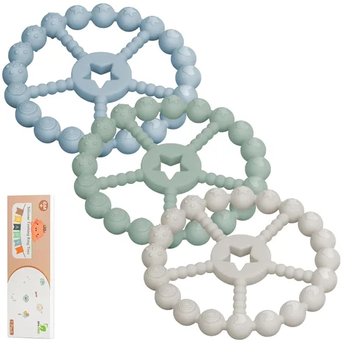 Juguetes de dentición para bebés de 0 a 6 meses, paquete de 3 juguetes mordedores con anillo, esenciales para bebés recién nacidos, juguetes de